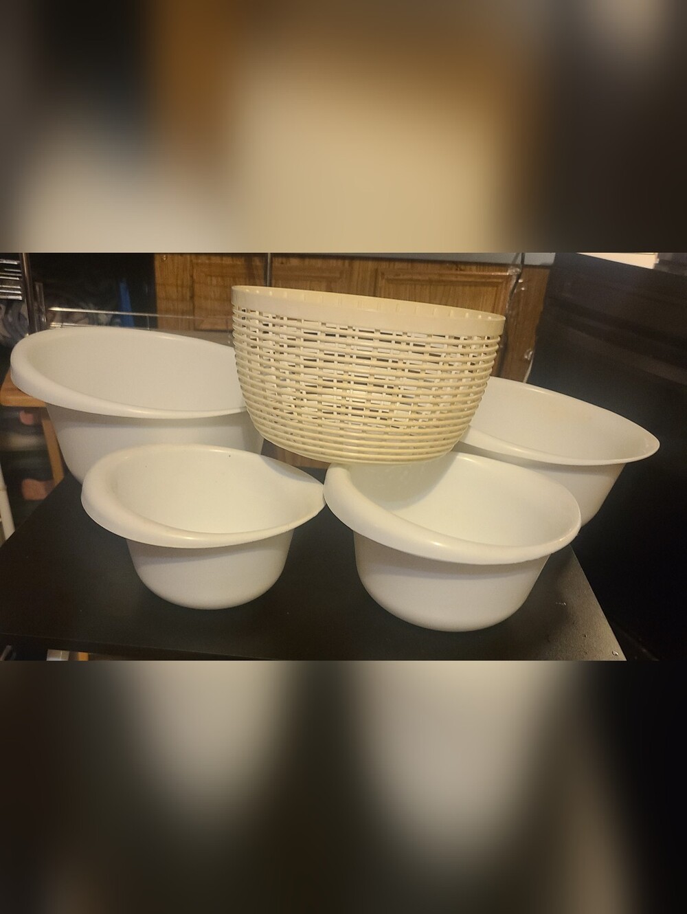 Set of Cream and White Plastic Mixing Bowls